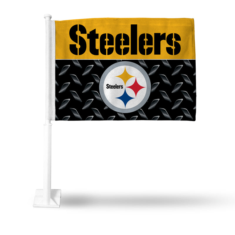 NFL Pittsburgh Steelers Double Sided Car Flag -  16" x 19" - Strong Pole that Hooks Onto Car/Truck/Automobile By Rico Industries