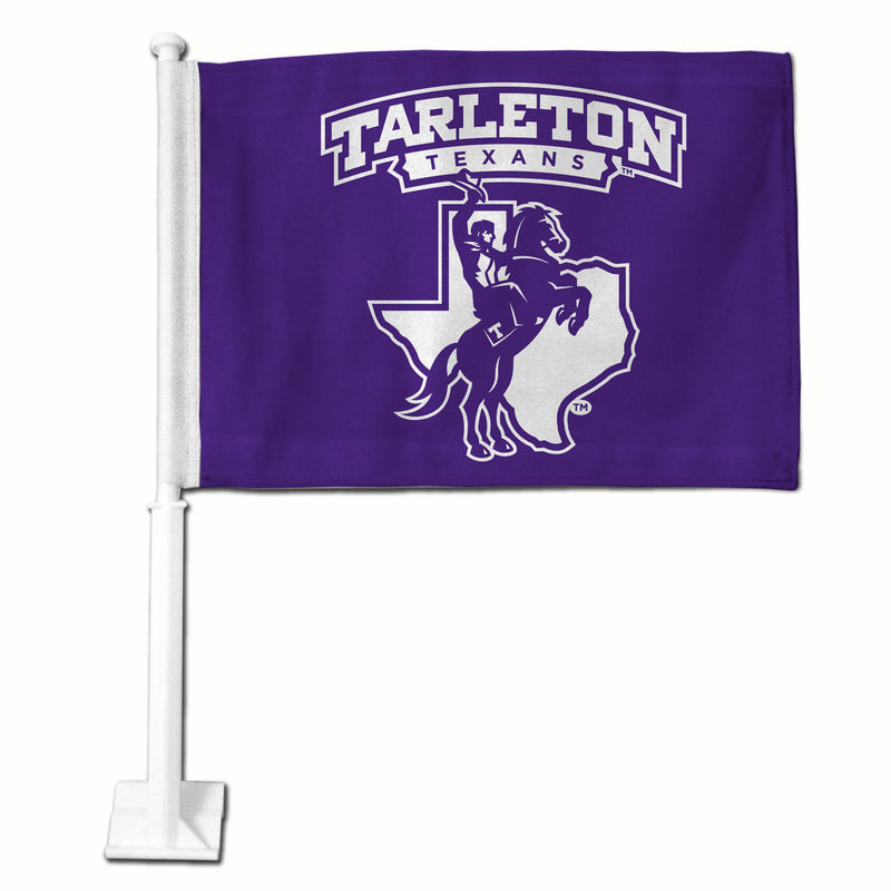 NCAA Tarleton State Texans Double Sided Car Flag -  16" x 19" - Strong Pole that Hooks Onto Car/Truck/Automobile By Rico Industries