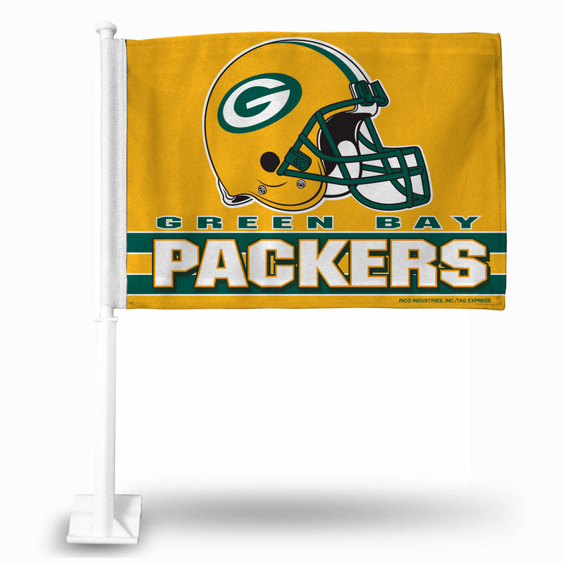NFL Green Bay Packers Helmet Logo Double Sided Car Flag -  16" x 19" - Strong Pole that Hooks Onto Car/Truck/Automobile By Rico Industries