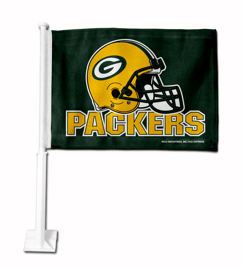 NFL Green Bay Packers Helmet Logo Double Sided Car Flag -  16" x 19" - Strong Pole that Hooks Onto Car/Truck/Automobile By Rico Industries