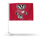 NCAA Wisconsin Badgers Double Sided Car Flag -  16" x 19" - Strong Pole that Hooks Onto Car/Truck/Automobile By Rico Industries