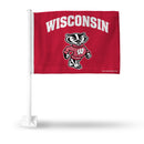 NCAA Wisconsin Badgers Double Sided Car Flag -  16" x 19" - Strong Pole that Hooks Onto Car/Truck/Automobile By Rico Industries