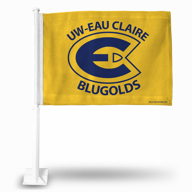 NCAA Wisconsin-Eau Claire Blugolds Double Sided Car Flag -  16" x 19" - Strong Pole that Hooks Onto Car/Truck/Automobile By Rico Industries