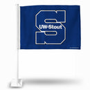 NCAA Wisconsin-Stout Blue Devils Double Sided Car Flag -  16" x 19" - Strong Pole that Hooks Onto Car/Truck/Automobile By Rico Industries