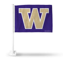 NCAA Washington Huskies Double Sided Car Flag -  16" x 19" - Strong Pole that Hooks Onto Car/Truck/Automobile By Rico Industries