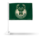 NBA Milwaukee Bucks Double Sided Car Flag -  16" x 19" - Strong Pole that Hooks Onto Car/Truck/Automobile By Rico Industries