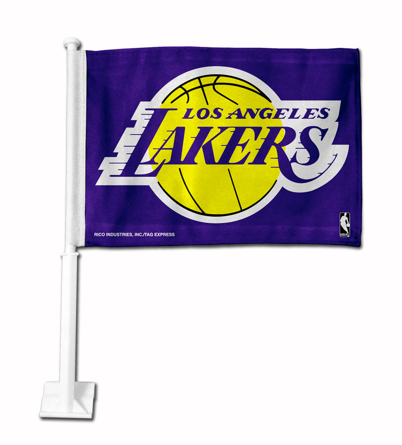NBA Los Angeles Lakers Double Sided Car Flag -  16" x 19" - Strong Pole that Hooks Onto Car/Truck/Automobile By Rico Industries