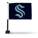 NHL Seattle Kraken Double Sided Car Flag -  16" x 19" - Strong Black Pole that Hooks Onto Car/Truck/Automobile By Rico Industries