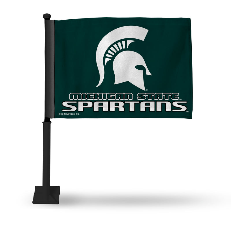 NCAA Michigan State Spartans Double Sided Car Flag -  16" x 19" - Strong Black Pole that Hooks Onto Car/Truck/Automobile By Rico Industries