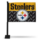 NFL Pittsburgh Steelers Double Sided Car Flag -  16" x 19" - Strong Black Pole that Hooks Onto Car/Truck/Automobile By Rico Industries