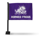NCAA TCU Horned Frogs Double Sided Car Flag -  16" x 19" - Strong Black Pole that Hooks Onto Car/Truck/Automobile By Rico Industries