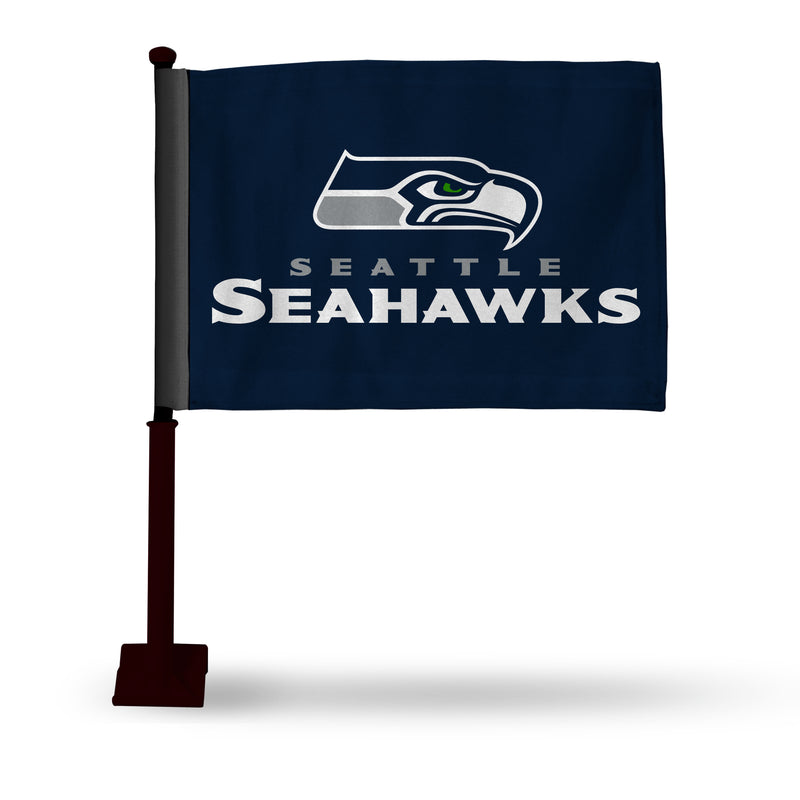 NFL Seattle Seahawks Double Sided Car Flag -  16" x 19" - Strong Black Pole that Hooks Onto Car/Truck/Automobile By Rico Industries