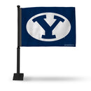 NCAA BYU Cougars Double Sided Car Flag -  16" x 19" - Strong Black Pole that Hooks Onto Car/Truck/Automobile By Rico Industries