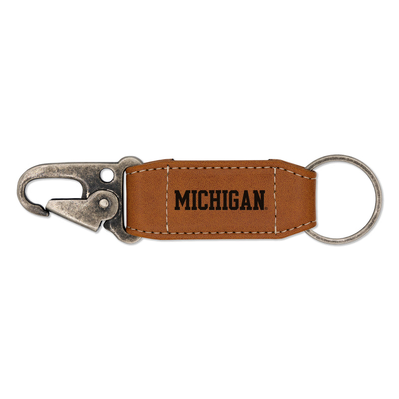 Michigan Wolverines Laser Engraved Vegan Leather Carabiner Keychain - Brown