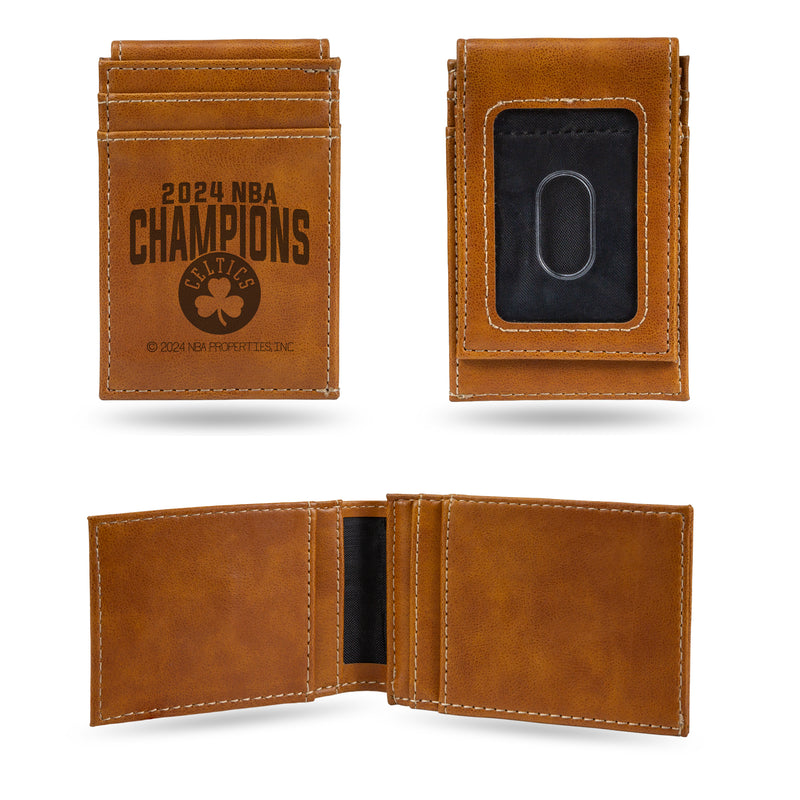 Boston Celtics 2024 NBA Champions Laser Engraved Front Pocket Wallet - Brown