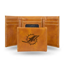 NFL Miami Dolphins Laser Engraved Brown Tri-Fold Wallet - Men's Accessory By Rico Industries