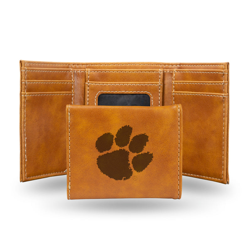 NCAA Clemson Tigers Laser Engraved Brown Tri-Fold Wallet - Men's Accessory By Rico Industries