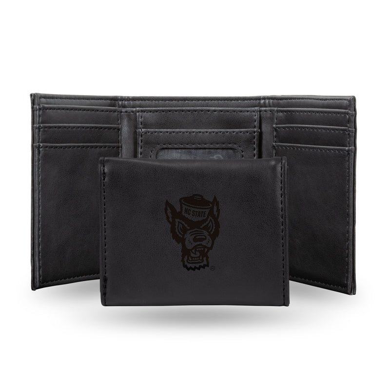 North Carolina State Primary Wolf Head Logo Laser Engraved Black Trifold Wallet