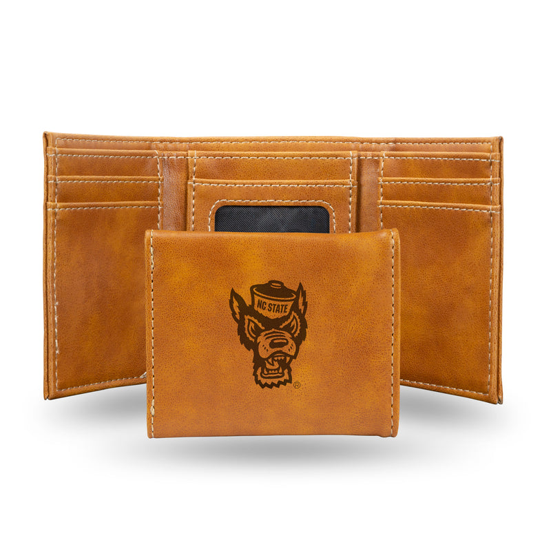 North Carolina State Primary Wolf Head Logo Laser Engraved Brown Trifold Wallet