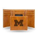 NCAA Michigan Wolverines Laser Engraved Brown Tri-Fold Wallet - Men's Accessory By Rico Industries