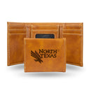 NCAA North Texas Mean Green Laser Engraved Brown Tri-Fold Wallet - Men's Accessory By Rico Industries