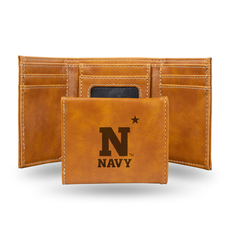 NCAA Naval Academy Midshipmen Laser Engraved Brown Tri-Fold Wallet - Men's Accessory By Rico Industries