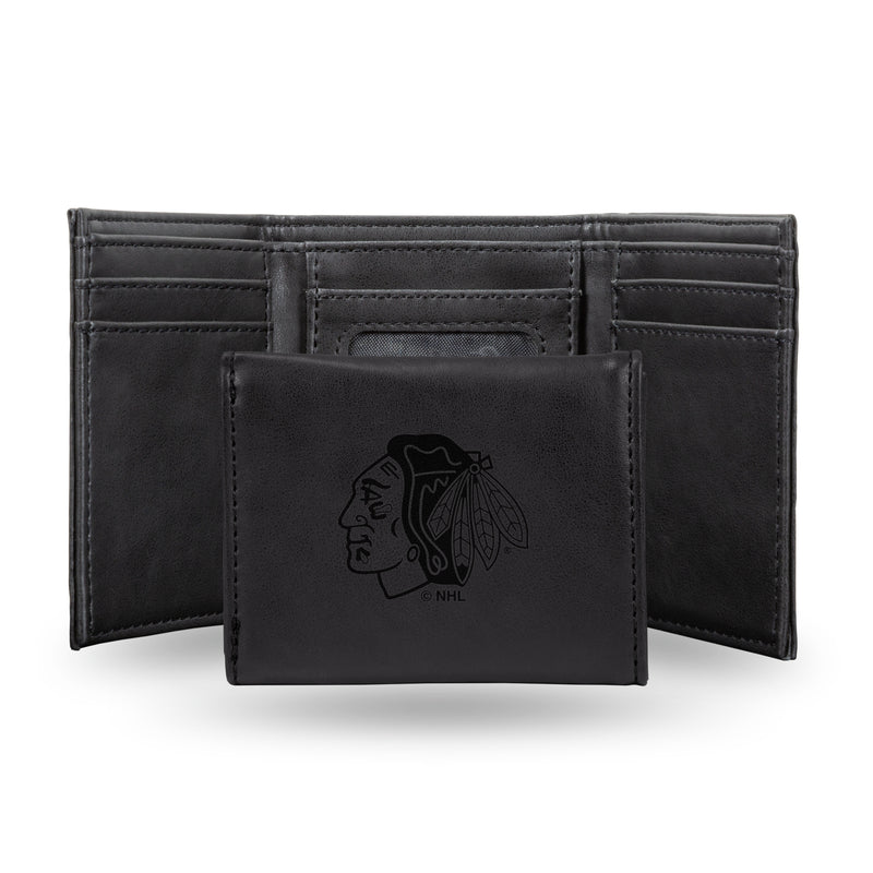 NHL Chicago Blackhawks Laser Engraved Black Tri-Fold Wallet - Men's Accessory By Rico Industries