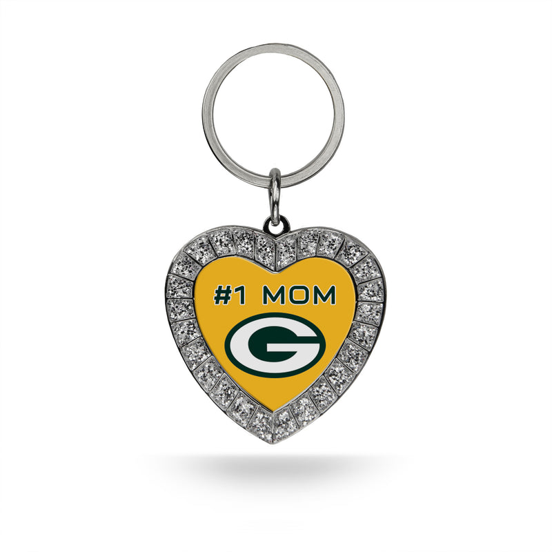 # 1 Mom Packers Rhinestone Heart Keychain