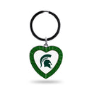 Michigan State Green Rhinestone Heart Keychain