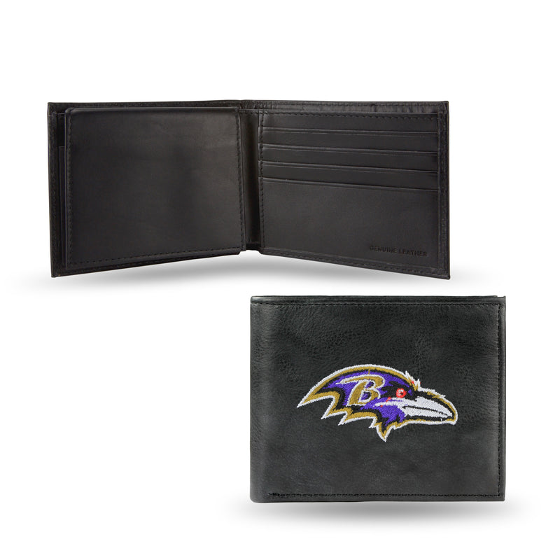 NFL Baltimore Ravens Embroidered Genuine Leather Billfold Wallet 3.25" x 4.25" - Slim By Rico Industries