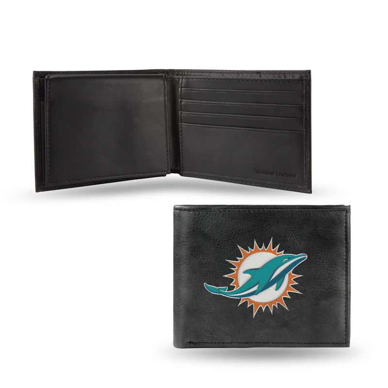 NFL Miami Dolphins Embroidered Genuine Leather Billfold Wallet 3.25" x 4.25" - Slim By Rico Industries