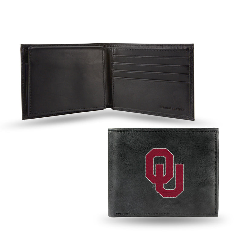 NCAA Oklahoma Sooners Embroidered Genuine Leather Billfold Wallet 3.25" x 4.25" - Slim By Rico Industries