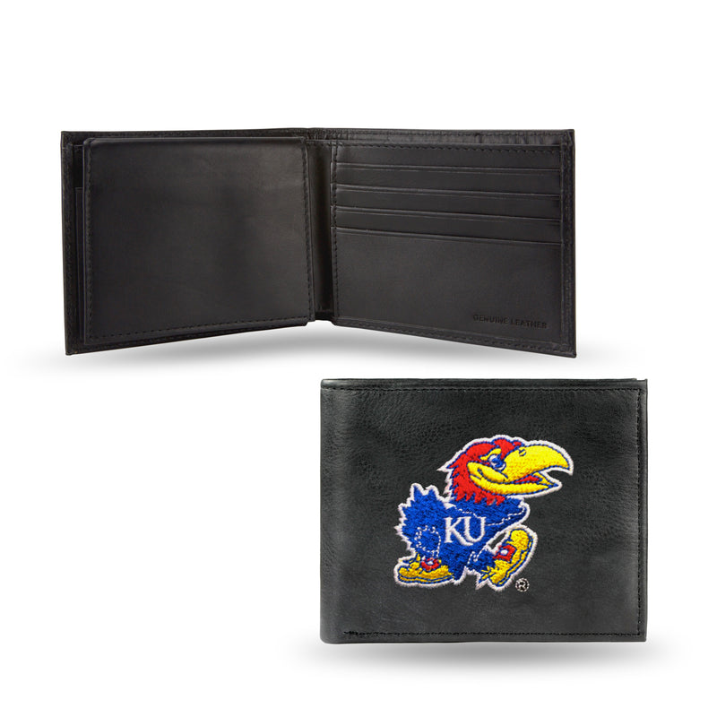 NCAA Kansas Jayhawks Embroidered Genuine Leather Billfold Wallet 3.25" x 4.25" - Slim By Rico Industries