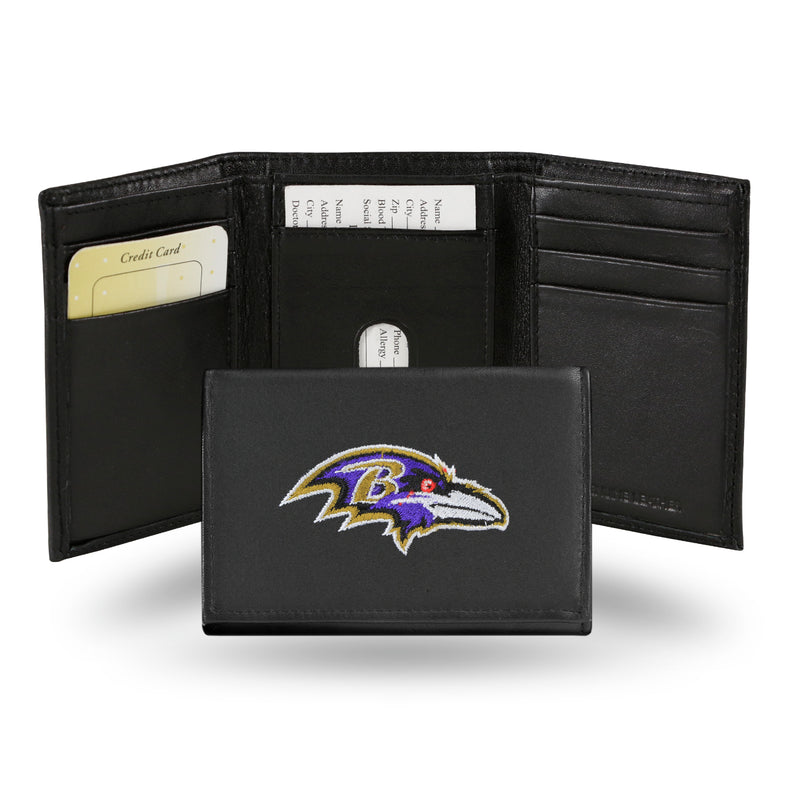 NFL Baltimore Ravens Embroidered Genuine Leather Tri-fold Wallet 3.25" x 4.25" - Slim By Rico Industries