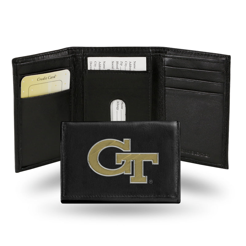 NCAA Georgia Tech Yellow Jackets Embroidered Genuine Leather Tri-fold Wallet 3.25" x 4.25" - Slim By Rico Industries