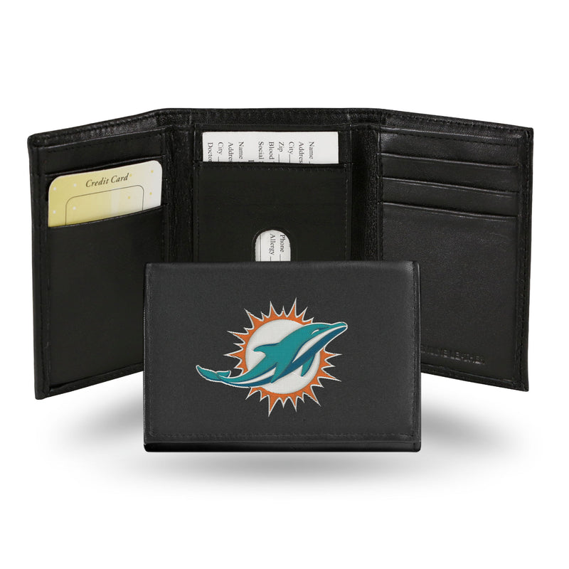 NFL Miami Dolphins Embroidered Genuine Leather Tri-fold Wallet 3.25" x 4.25" - Slim By Rico Industries