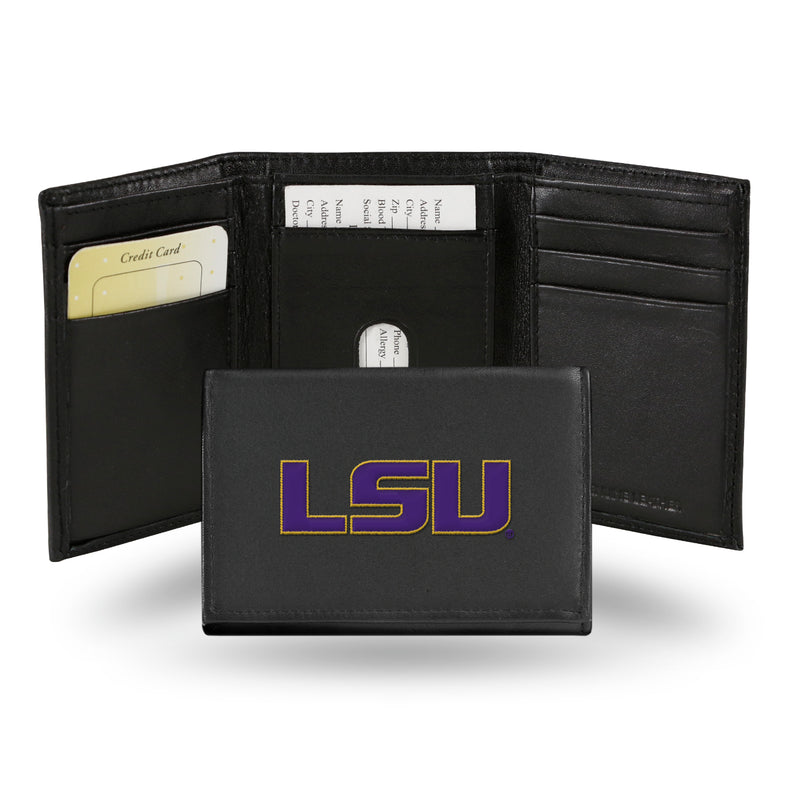 NCAA LSU Tigers Embroidered Genuine Leather Tri-fold Wallet 3.25" x 4.25" - Slim By Rico Industries