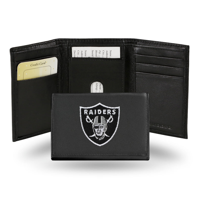 NFL Las Vegas Raiders Embroidered Genuine Leather Tri-fold Wallet 3.25" x 4.25" - Slim By Rico Industries