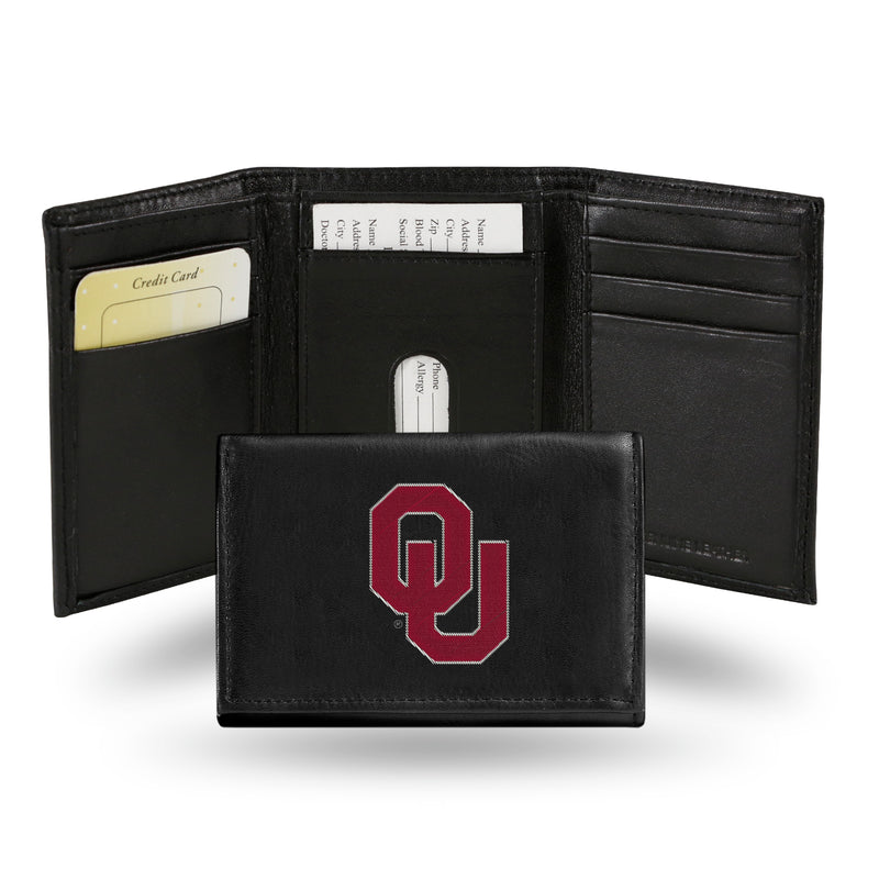 NCAA Oklahoma Sooners Embroidered Genuine Leather Tri-fold Wallet 3.25" x 4.25" - Slim By Rico Industries