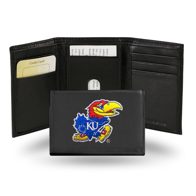 NCAA Kansas Jayhawks Embroidered Genuine Leather Tri-fold Wallet 3.25" x 4.25" - Slim By Rico Industries