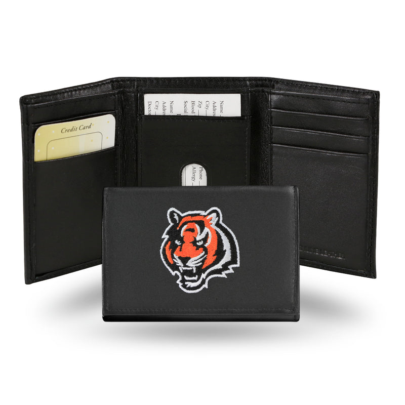NFL Cincinnati Bengals Embroidered Genuine Leather Tri-fold Wallet 3.25" x 4.25" - Slim By Rico Industries