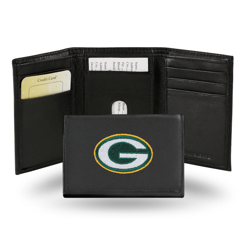 NFL Green Bay Packers Embroidered Genuine Leather Tri-fold Wallet 3.25" x 4.25" - Slim By Rico Industries