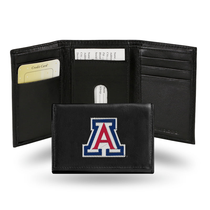 NCAA Arizona Wildcats Embroidered Genuine Leather Tri-fold Wallet 3.25" x 4.25" - Slim By Rico Industries