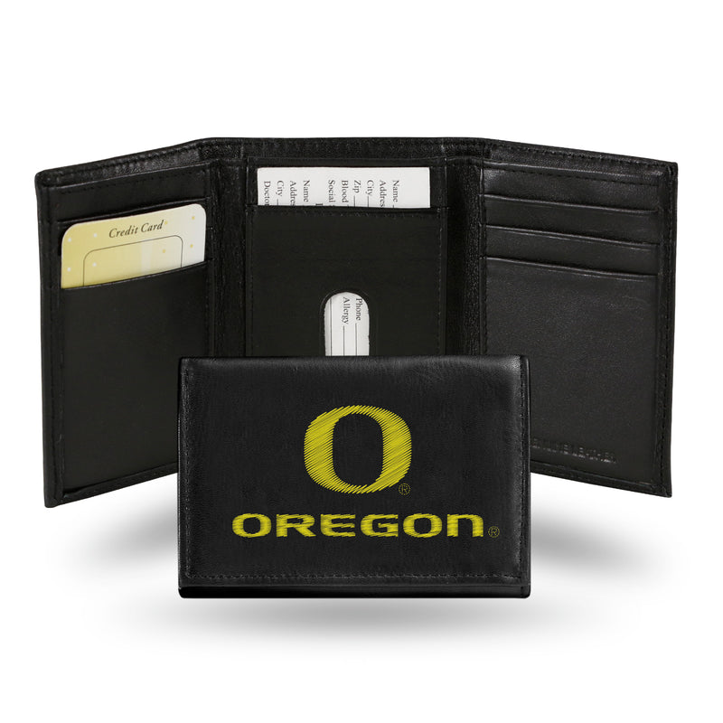 NCAA Oregon Ducks Embroidered Genuine Leather Tri-fold Wallet 3.25" x 4.25" - Slim By Rico Industries