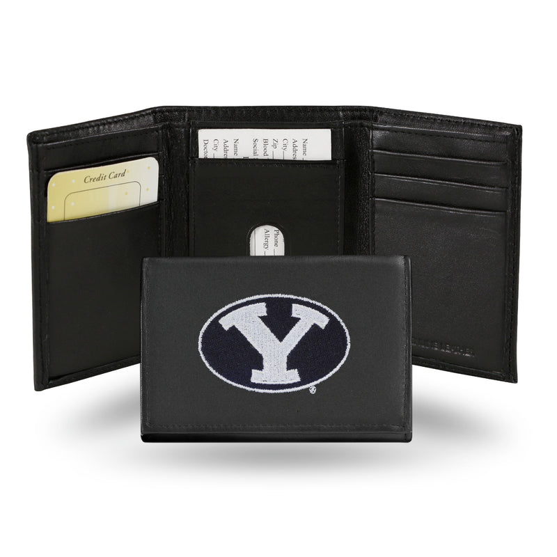 NCAA BYU Cougars Embroidered Genuine Leather Tri-fold Wallet 3.25" x 4.25" - Slim By Rico Industries