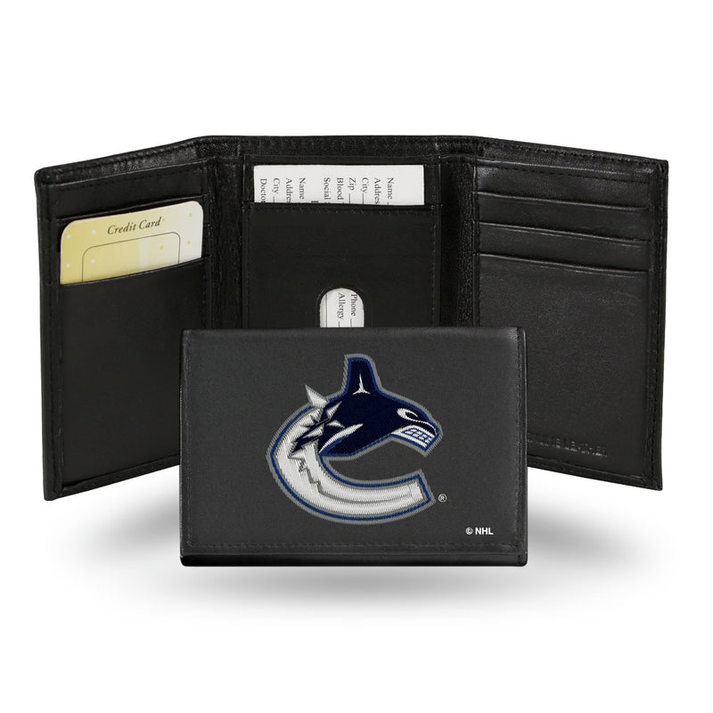 NHL Vancouver Canucks Embroidered Genuine Leather Tri-fold Wallet 3.25" x 4.25" - Slim By Rico Industries