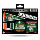 Miami University 5 Time College Football Champs 5-Pc Decal Sheet