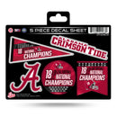 Alabama University 18 Time College Football Champs 5-Pc Decal Sheet