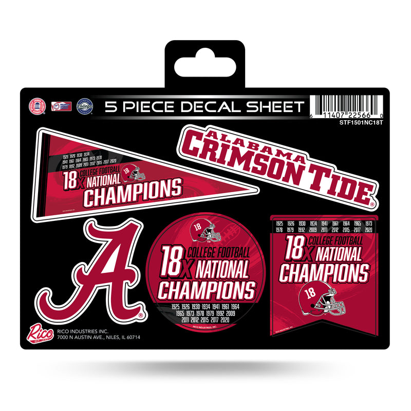 Alabama University 18 Time College Football Champs 5-Pc Decal Sheet