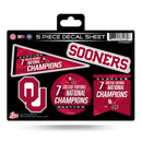 Oklahoma University 7 Time College Football Champs 5-Pc Decal Sheet